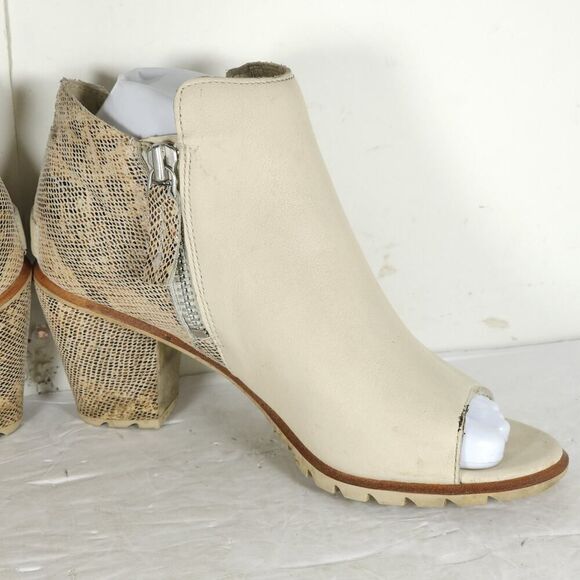 Sorel Women's Nadia US7 Beige Leather Snakeskin Embossed Peep Toe Ankle Booties - Picture 5 of 16